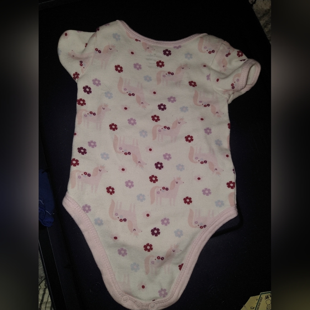 Unicorn and flowers Chick Pea one piece baby 6-9mo pink
